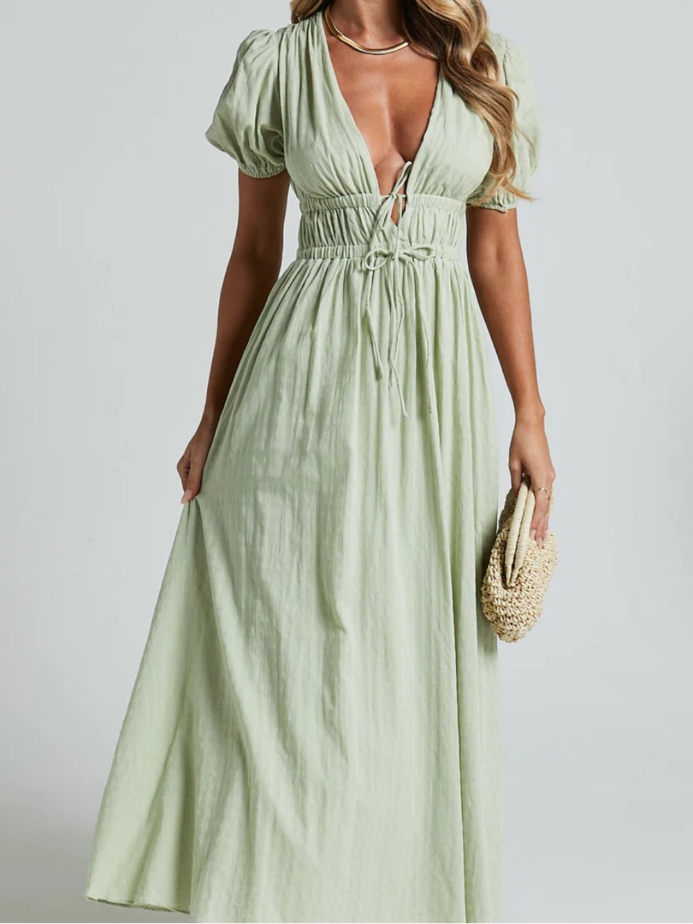 Showpo Sage Green Deep V Maxi Dress with Drawstring Waist - Picture 3 of 4